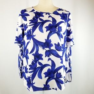 Ann Taylor Petite White Blouse Blue Flowers